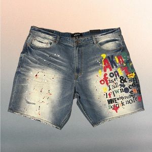 Akoo Mens distressed denim, jean shorts, size 42 medium wash new with tags